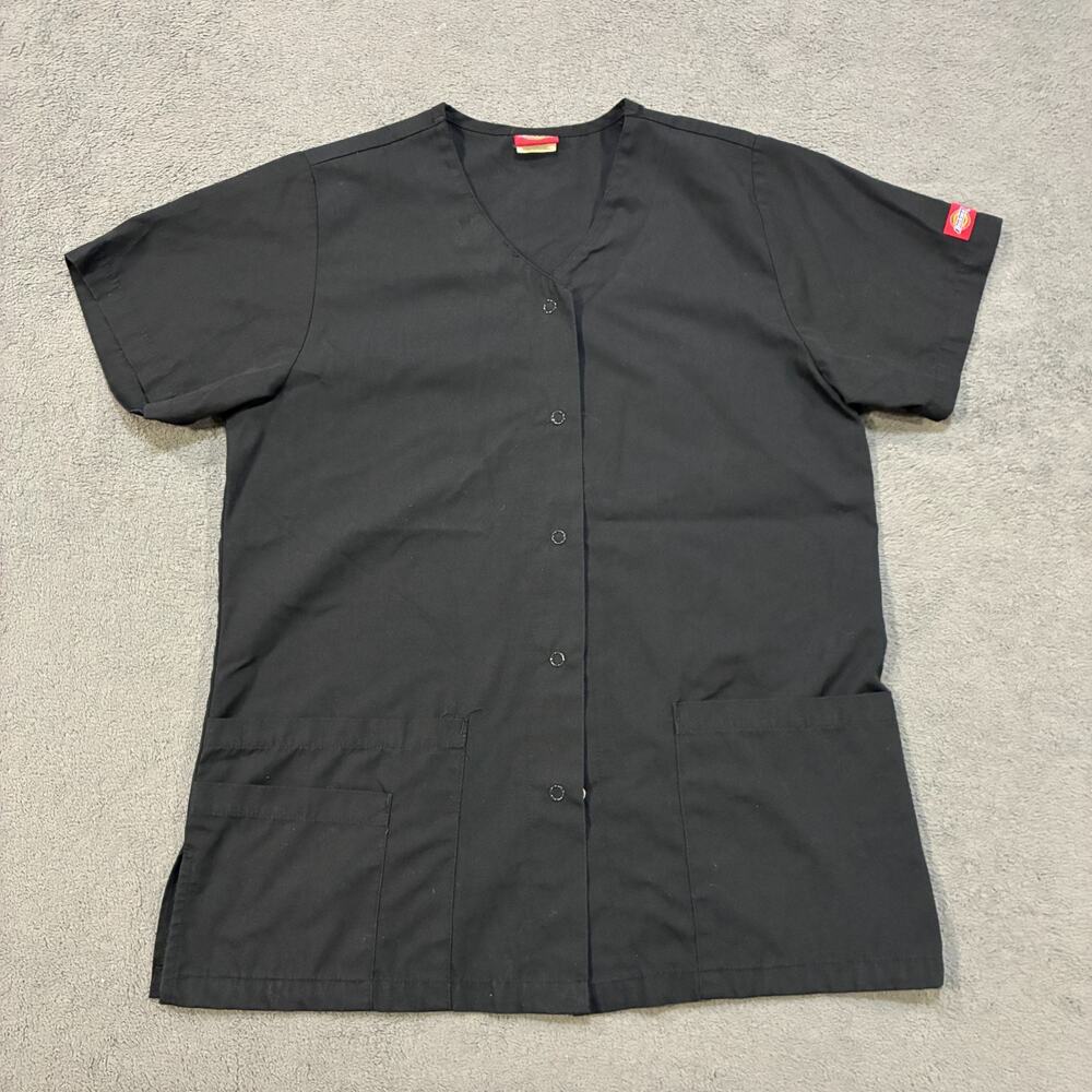 Dickies Everyday Black Snap Front Short Sleeve Medical Scrub Top Women's Size XS